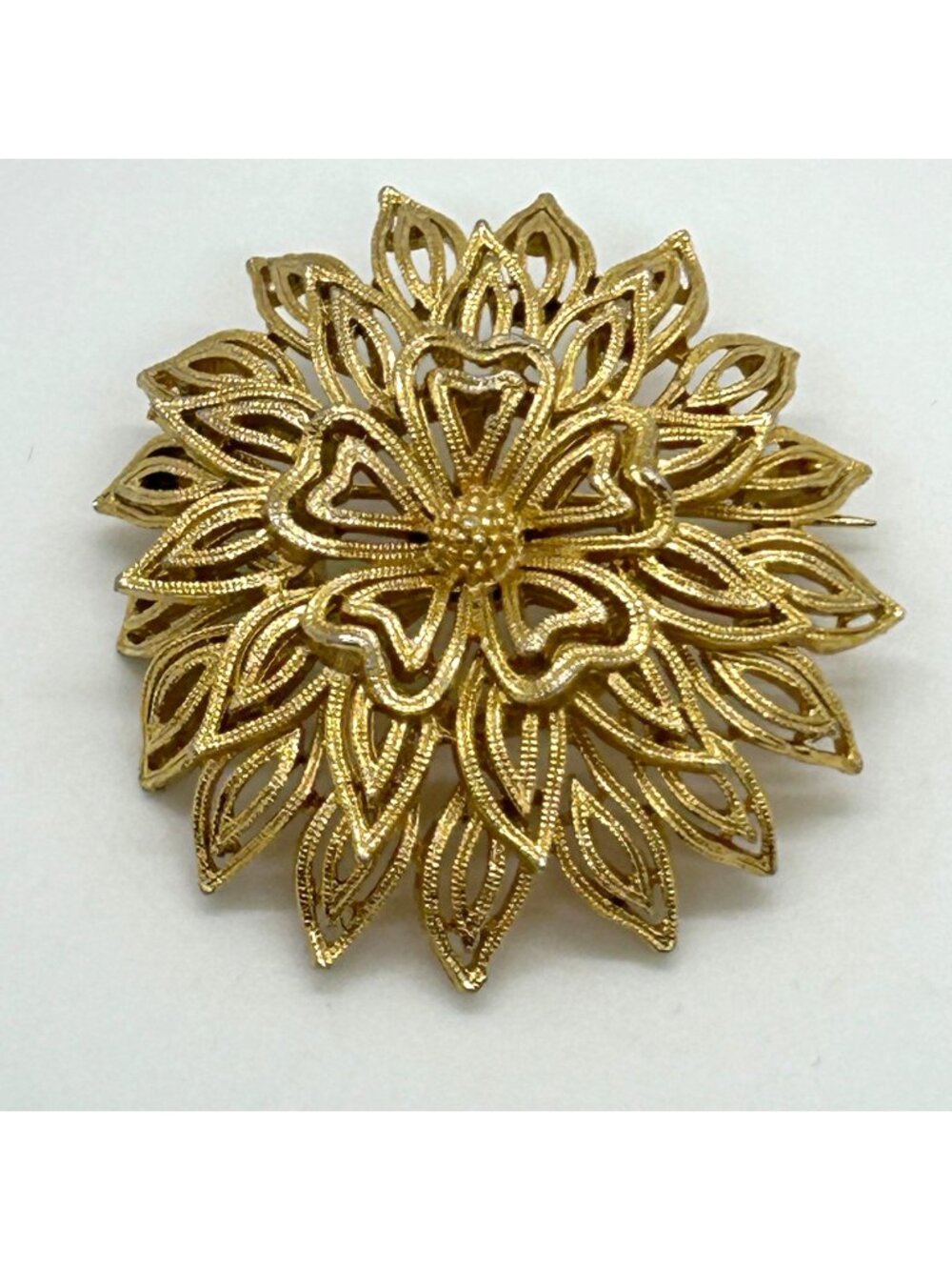 Vintage Lisner Flower Brooch Gold Tone 3D Dome Layered Floral Mid-Century